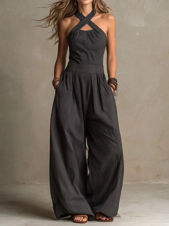 Bianca Leren en Katoenen Jumpsuit met Elegante V hals