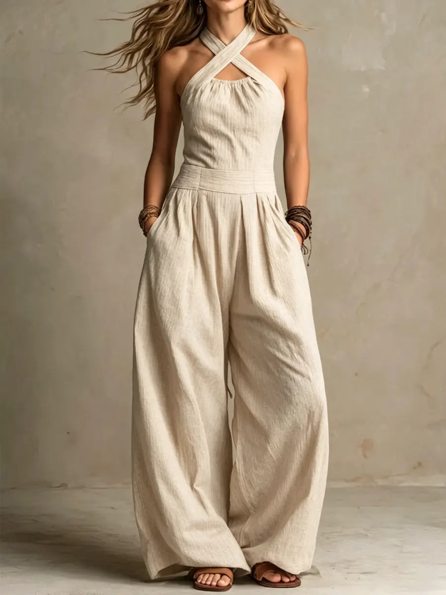 Bianca Leren en Katoenen Jumpsuit met Elegante V hals