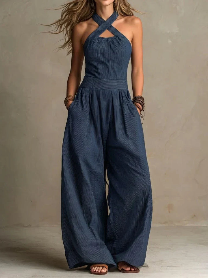 Bianca Leren en Katoenen Jumpsuit met Elegante V hals